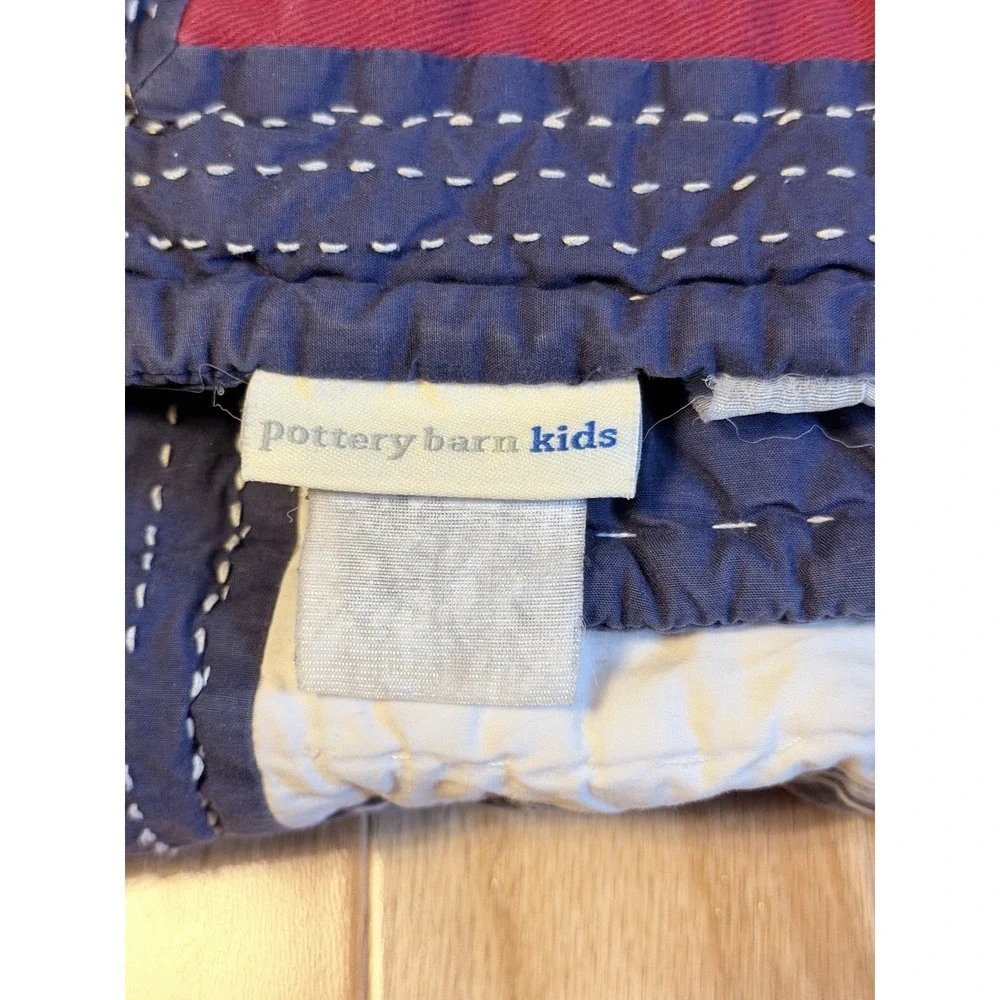 Pottery Barn Kids Blue Red Patchwork Stripes Quilt Toddler Bed Size Colorful